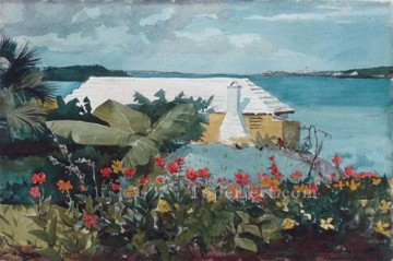  jardin Pintura al %C3%B3leo - Jardín de flores y bungalow Realismo pintor marino Winslow Homer